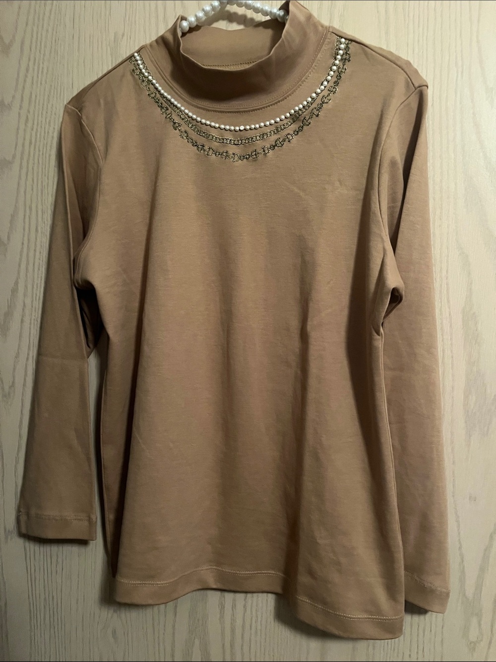 Embellished Mock Neck Long-Sleeve Top — Camel